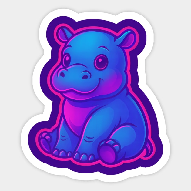 Cute Baby Hippo – Neon Blue and Pink Aesthetic Sticker by DonWillisJrArt